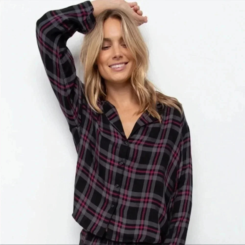 Rails Kellen coal slate carmine PJ flannel crop blouse